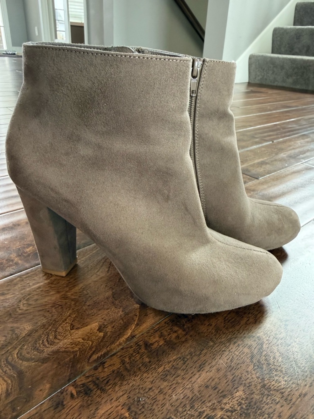 Women's Taupe Suede Ankle Booties with Block Heel
